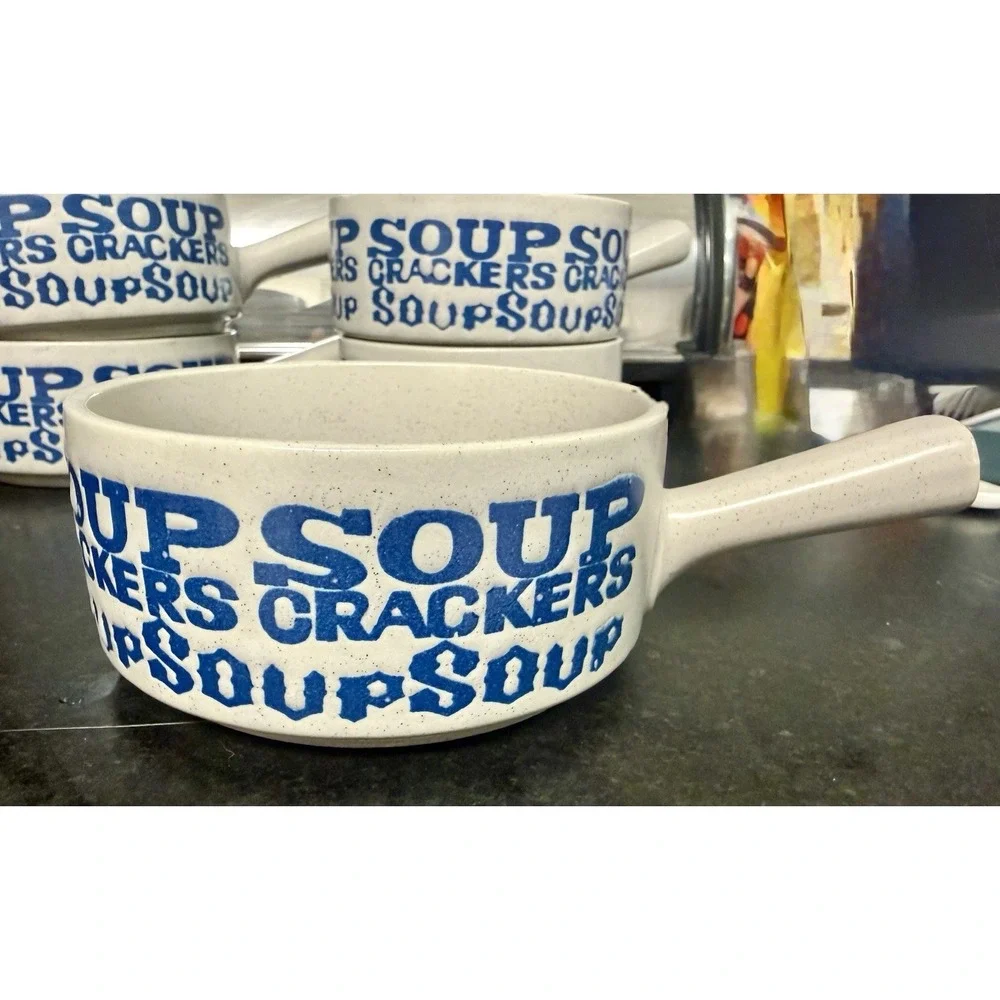 5-Vintage Stackable 1970s Apex Stoneware Soup and Crackers Handled Bowls